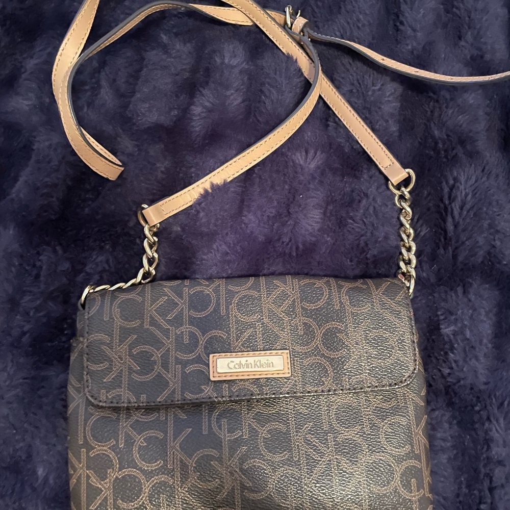 Calvin Klein Monogram Crossbody Bag in Brown and Tan